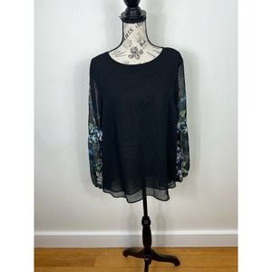 Apt. 9 Black flowy floral semi sheer long sleeve blouse with keyhole back